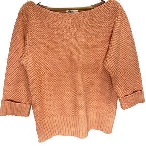 ANDREA JOVINE Sweater Waffle Knit Boat Neck 3/4 Sleeve Cotton Womens L Peach